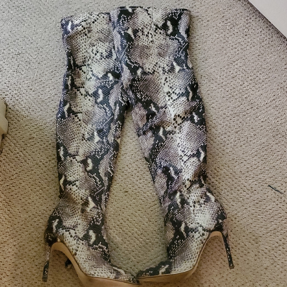 Guess Snakeskin Over-the-Knee Boots - Black and Cream